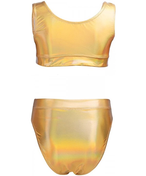 Women's Shiny Metallic Bikini Set Swimsuit Low Scoop Crop Top with High Waisted Bottom - Gold - C918EHGI305 $21.31-Sets