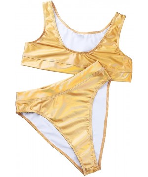 Women's Shiny Metallic Bikini Set Swimsuit Low Scoop Crop Top with High Waisted Bottom - Gold - C918EHGI305 $21.31-Sets