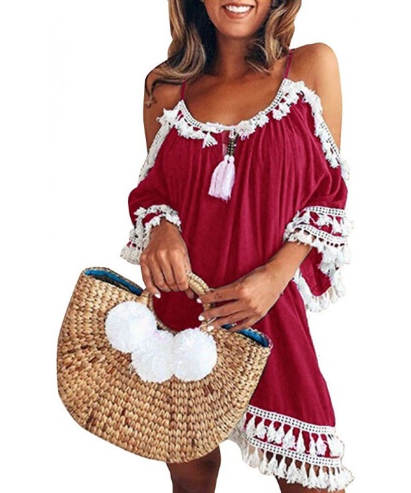 Women's Off Shoulder Short Sleeve Tassels Cover up Mini Dress Casual Summer Beach Sundress Loose Swing Tunic Dress Red - CS19...