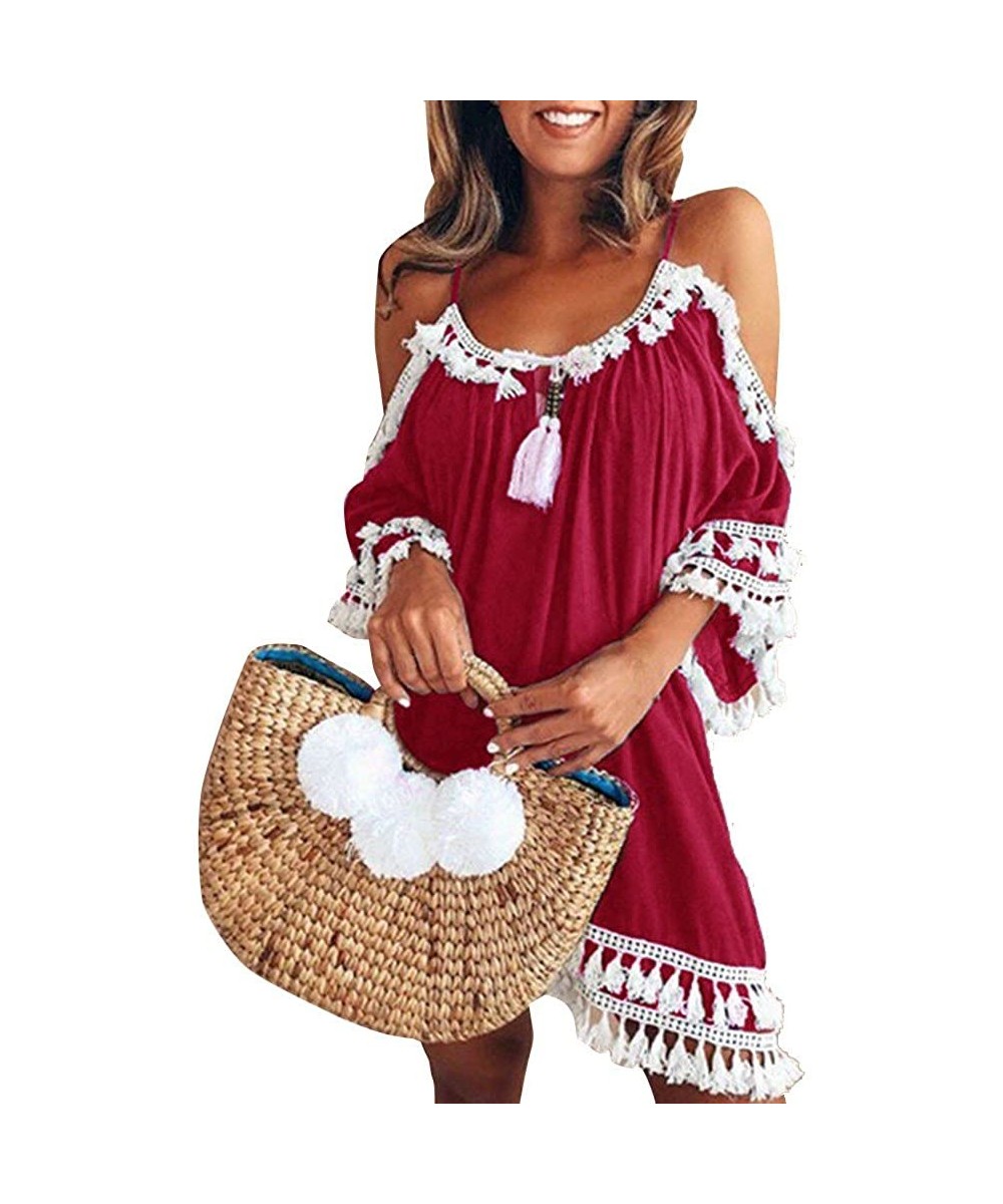 Women's Off Shoulder Short Sleeve Tassels Cover up Mini Dress Casual Summer Beach Sundress Loose Swing Tunic Dress Red - CS19...