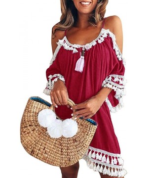 Women's Off Shoulder Short Sleeve Tassels Cover up Mini Dress Casual Summer Beach Sundress Loose Swing Tunic Dress Red - CS19...