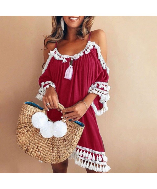 Women's Off Shoulder Short Sleeve Tassels Cover up Mini Dress Casual Summer Beach Sundress Loose Swing Tunic Dress Red - CS19...