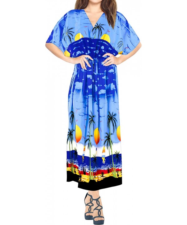 Women's Maxi Caftan Tank Dress Beach Swimsuit Cover Ups Drawstring A - Summer Blue_k756 - C6184T6LC4L $16.95-Cover-Ups