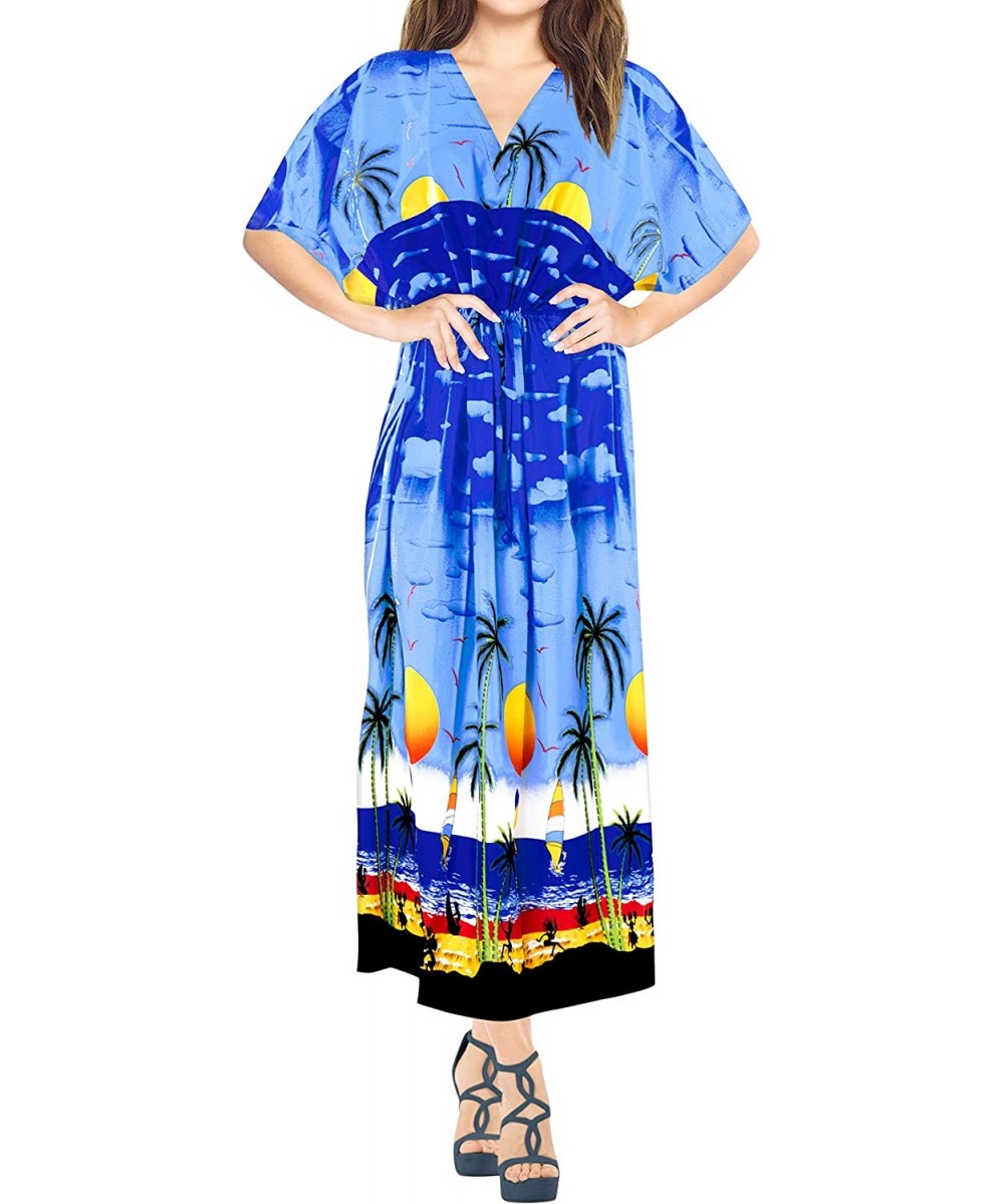 Women's Maxi Caftan Tank Dress Beach Swimsuit Cover Ups Drawstring A - Summer Blue_k756 - C6184T6LC4L $16.95-Cover-Ups