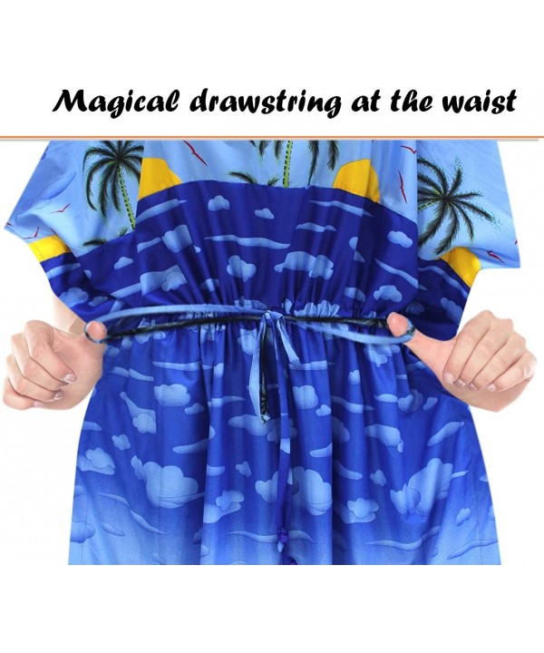 Women's Maxi Caftan Tank Dress Beach Swimsuit Cover Ups Drawstring A - Summer Blue_k756 - C6184T6LC4L $16.95-Cover-Ups