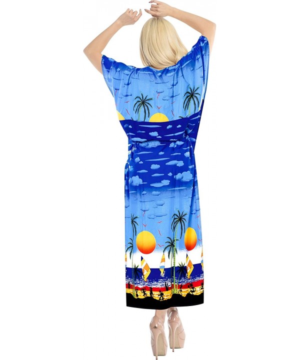 Women's Maxi Caftan Tank Dress Beach Swimsuit Cover Ups Drawstring A - Summer Blue_k756 - C6184T6LC4L $16.95-Cover-Ups