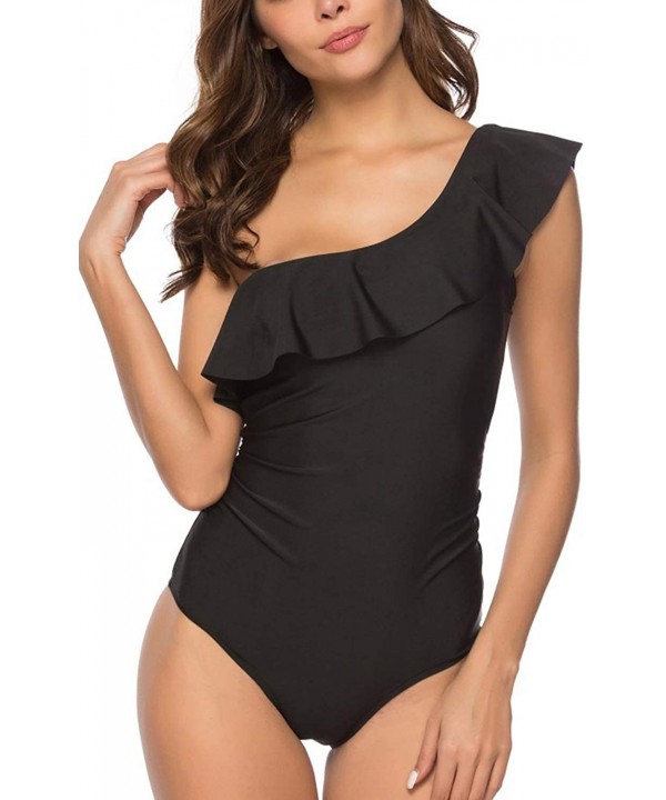 Women's One Shoulder Ruffle Tummy Control One Piece Swimsuits Swimwear - Black - CQ18RI65OA3 $18.48-One-Pieces