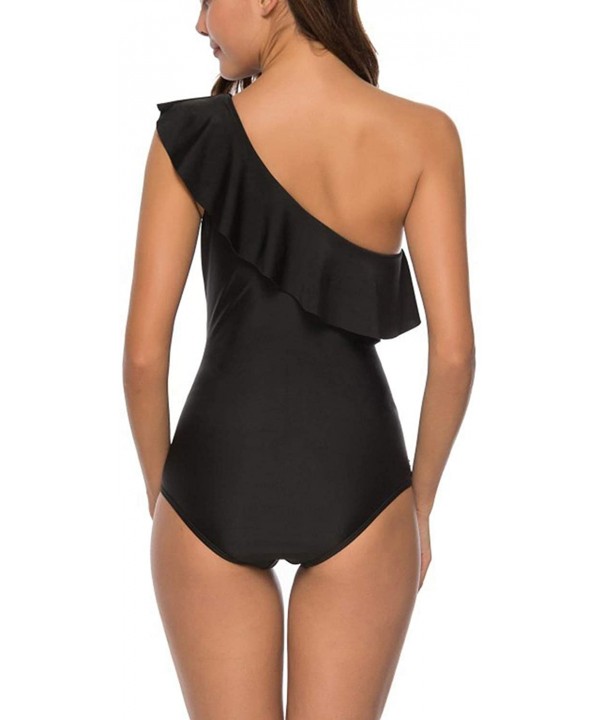 Women's One Shoulder Ruffle Tummy Control One Piece Swimsuits Swimwear - Black - CQ18RI65OA3 $18.48-One-Pieces