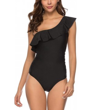 Women's One Shoulder Ruffle Tummy Control One Piece Swimsuits Swimwear - Black - CQ18RI65OA3 $18.48-One-Pieces