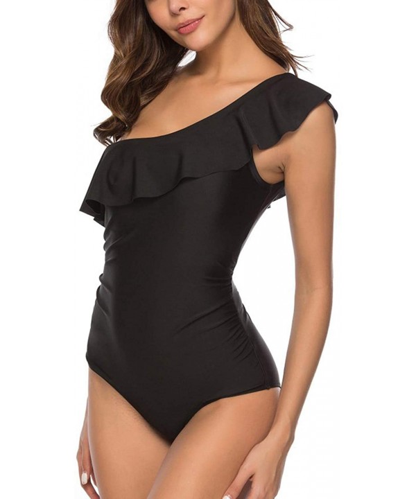 Women's One Shoulder Ruffle Tummy Control One Piece Swimsuits Swimwear - Black - CQ18RI65OA3 $18.48-One-Pieces