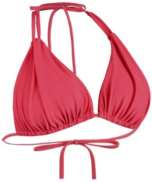 Women's Triangle Bikini Tops Push Up Ruched Halter Swimsuit Tops - Red - CR18U909LTO $18.39-Tops