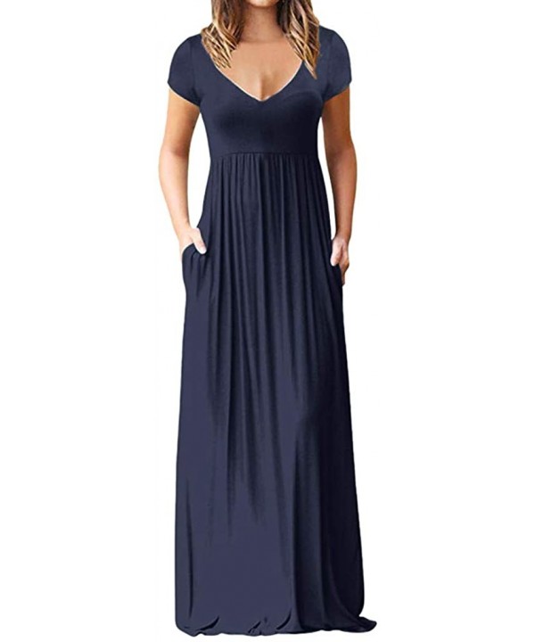 Casual Elegant V Neck Short Sleeve Maxi Dress for Women Solid Color Empire Line Gold Summer Dresses with Pockets Navy - CK18O...