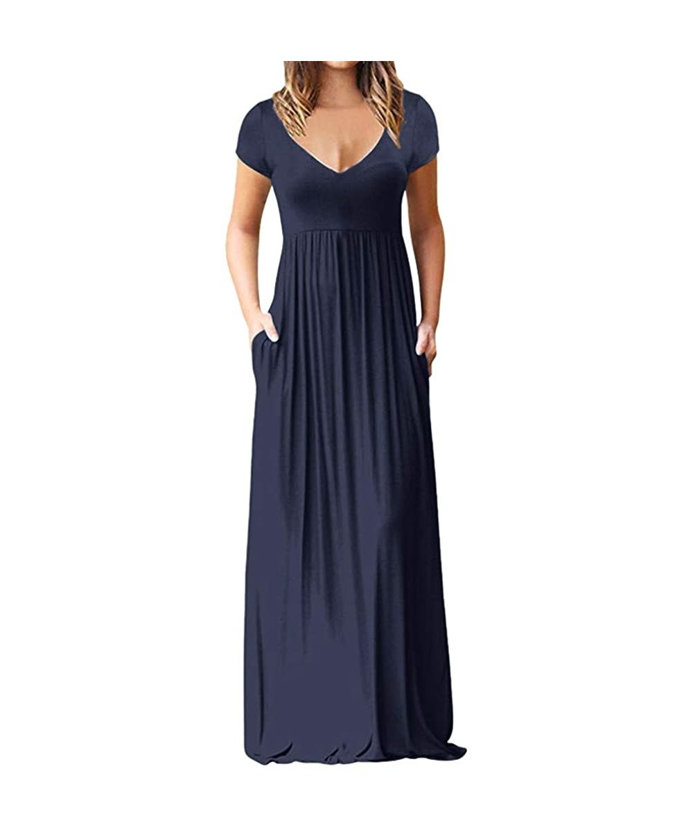 Casual Elegant V Neck Short Sleeve Maxi Dress for Women Solid Color Empire Line Gold Summer Dresses with Pockets Navy - CK18O...