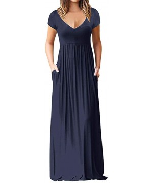 Casual Elegant V Neck Short Sleeve Maxi Dress for Women Solid Color Empire Line Gold Summer Dresses with Pockets Navy - CK18O...