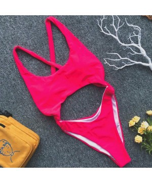 Women's Sexy Scoop Neck Bandage High Waist Thong 1PCS Padded Swimsuit Bikini Sets - Red - CV18RO4AZIR $11.82-Sets