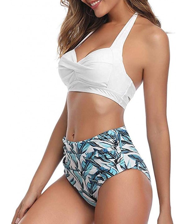 Modest Swimwear-Women Vintage Swimsuit Two Piece Retro Halter Ruched High Waist Print Bikini Set - A-white - CH194L9KL9C $11....