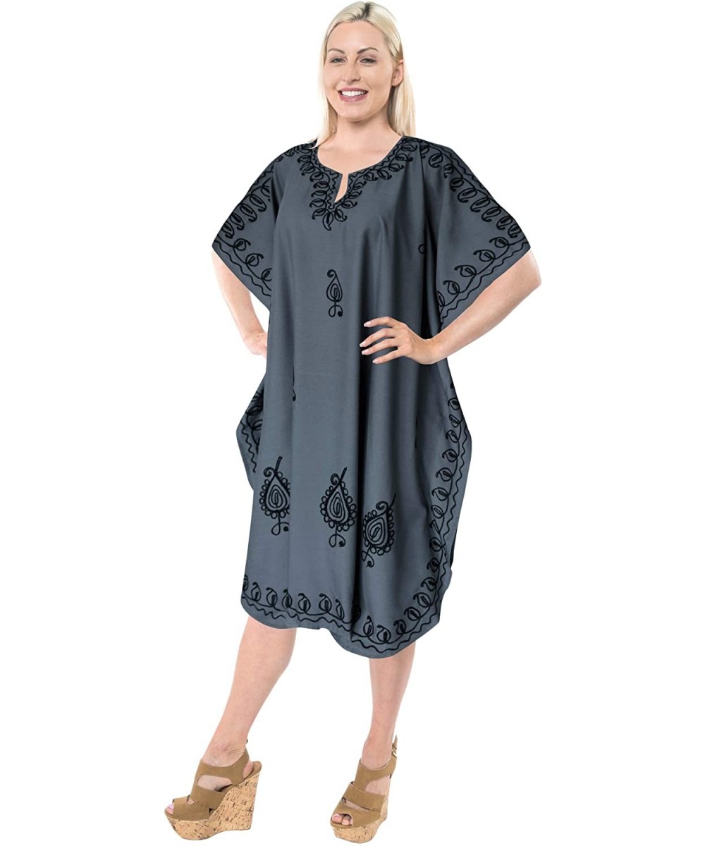 Women's Midi Caftan Dress Tops Beach Swimwear Cover Ups Embroidery A - Grey_c759 - CW11K0I0KYZ $18.86-Cover-Ups