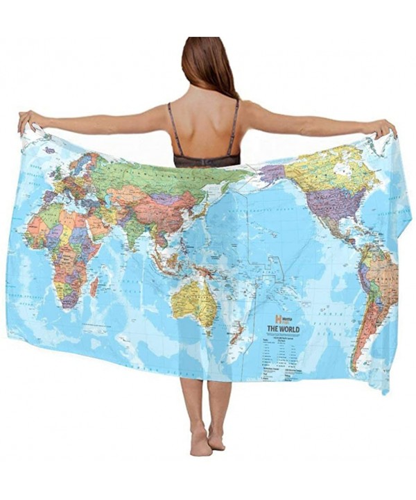 Women Chiffon Scarf Sunscreen Shawl Wrap Swimsuit Cover Up Beach Sarongs - World Political Map - CZ19C6NKEN4 $19.03-Cover-Ups