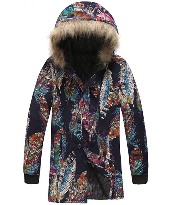 Men's Retro Warm Parka Jacket Ethnic Floral Print Jacket Winter Coat with Zipper Button Down Hood Coats - Purple B - CS193C7W...