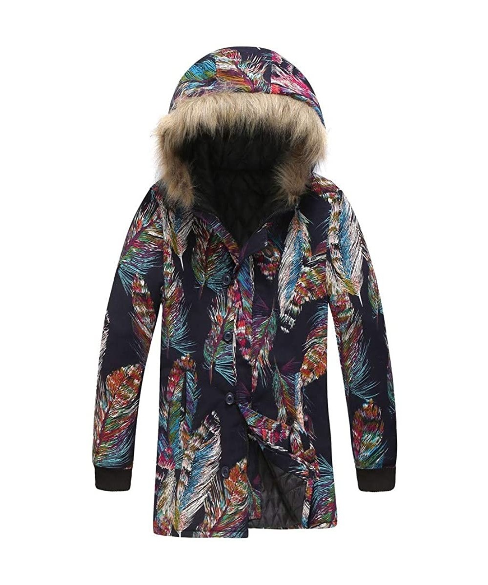 Men's Retro Warm Parka Jacket Ethnic Floral Print Jacket Winter Coat with Zipper Button Down Hood Coats - Purple B - CS193C7W...