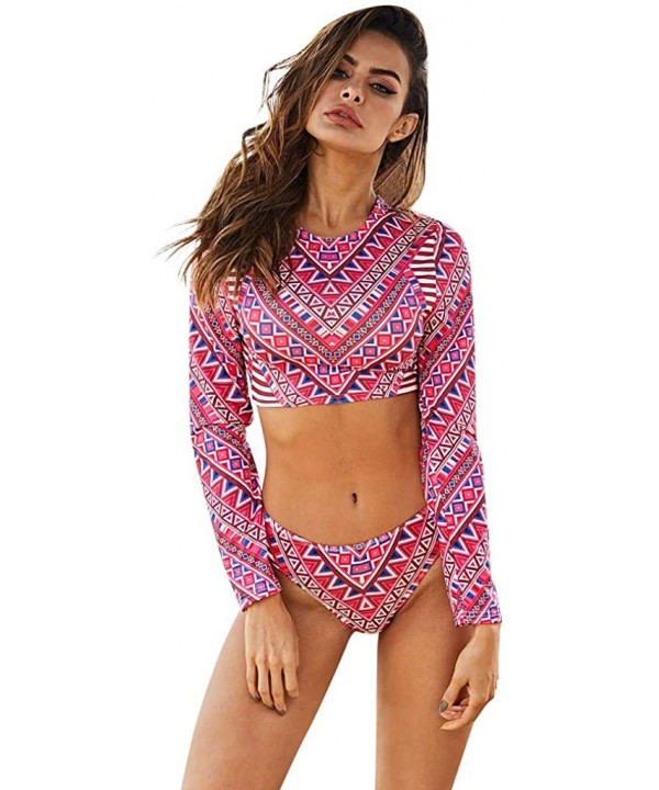 Boho Long Sleeve Crop Tops High Cut Bottom Bathing Suits Hot Pink - CD18QTKOSNE $10.39-Sets