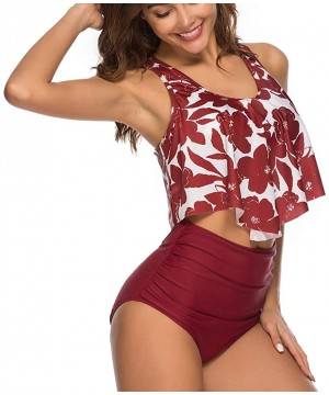 Women's High Waist Swimwear Fashion Two-Piece Large Size Sexy Backless Backless Flower Ruffled Print Swimsuit Set - Winered -...