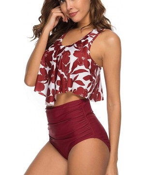 Women's High Waist Swimwear Fashion Two-Piece Large Size Sexy Backless Backless Flower Ruffled Print Swimsuit Set - Winered -...