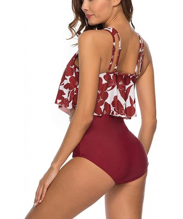 Women's High Waist Swimwear Fashion Two-Piece Large Size Sexy Backless Backless Flower Ruffled Print Swimsuit Set - Winered -...