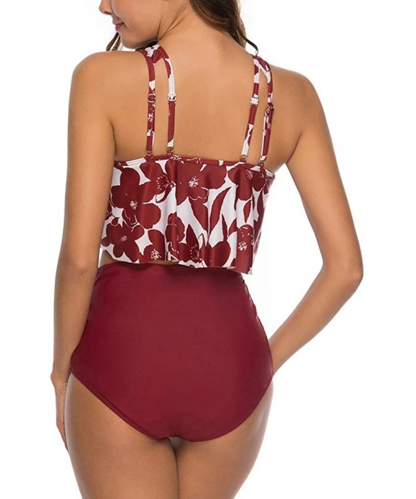 Women's High Waist Swimwear Fashion Two-Piece Large Size Sexy Backless Backless Flower Ruffled Print Swimsuit Set - Winered -...