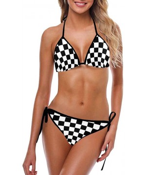 Women's Black and White Checkered Pattern Beach Swimwear Adjustable Halter Strap Bra Bikini Set L - C818QUS9MD7 $26.86-Sets