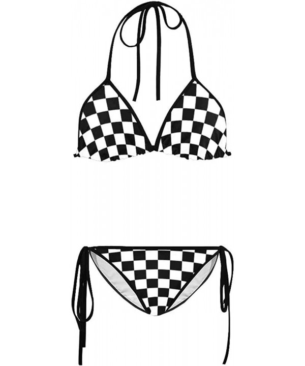 Women's Black and White Checkered Pattern Beach Swimwear Adjustable Halter Strap Bra Bikini Set L - C818QUS9MD7 $26.86-Sets