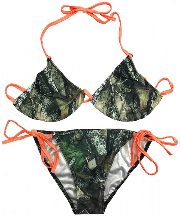 Women's Camo Swimsuit with Orange String Accents Bikini Top and Bottom - CO195LSAKYH $34.29-Tops