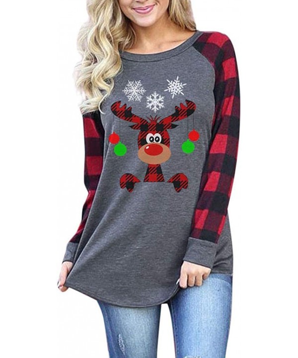 Festival Christmas Womens Reindeer Blouses T-Shirt Xmas Long Sleeve Tops - B-red - CJ192K7U9US $17.45-Tops