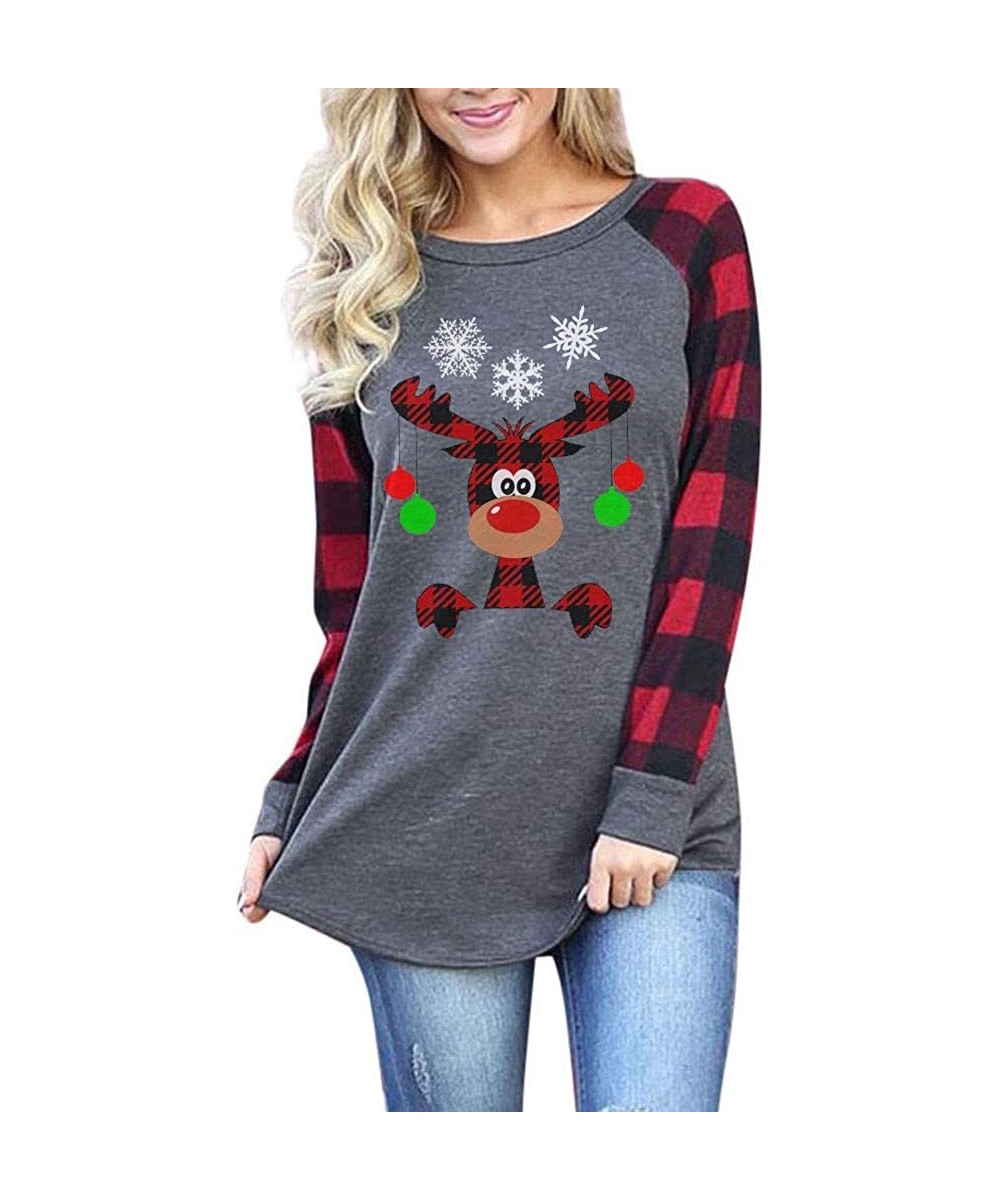 Festival Christmas Womens Reindeer Blouses T-Shirt Xmas Long Sleeve Tops - B-red - CJ192K7U9US $17.45-Tops