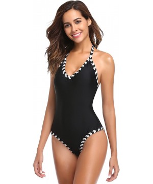 Women's Monokini Swimwear Deep V-Neck Plunge Backless High Waisted One Piece Swimsuit - Manhattan Black - E - CE187I28LHN $14...