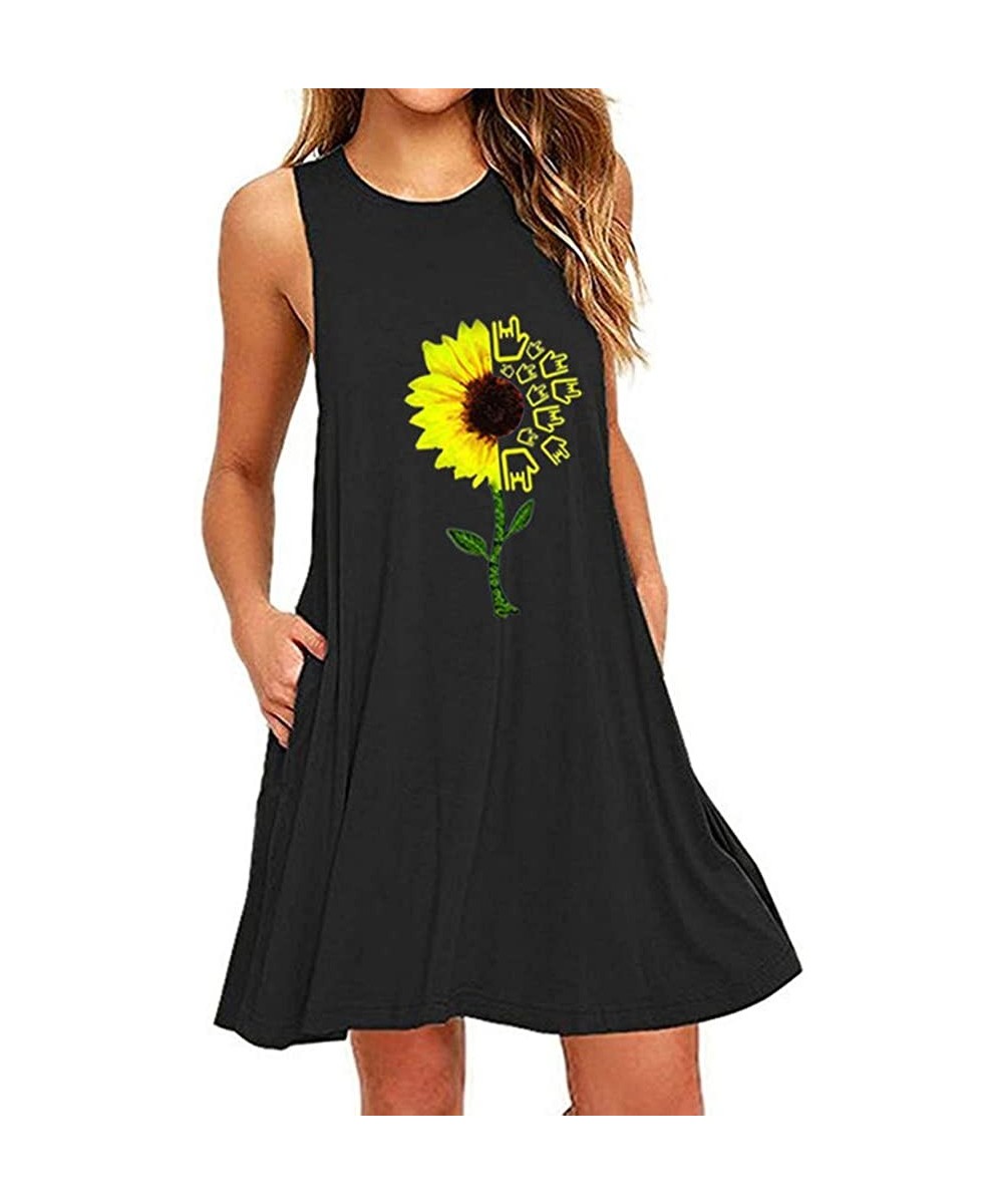 Women's Summer Casual T Shirt Dresses Short Sleeve Swing Dress Pockets - Black a - CZ19D8RNL6H $19.36-Tankinis