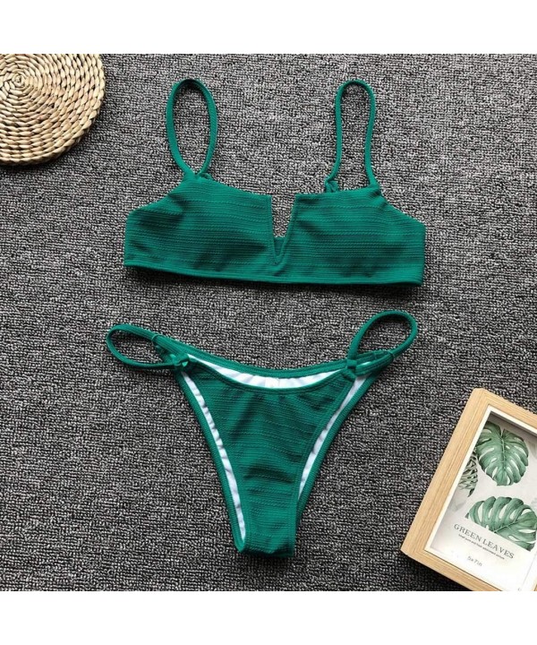 Women's Bathing Suit Deep V-Wired Bikini Set High Cut Two Piece Swimsuits - Green - CK196LW8WX5 $10.40-Sets