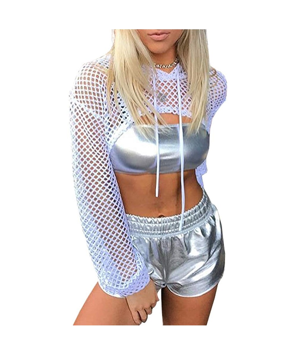 Women's Sexy Fishnet Hooded See Through Sheer Pure Mesh Crop Top - White B - CM18RXQQMHC $17.56-Cover-Ups