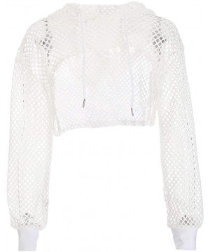 Women's Sexy Fishnet Hooded See Through Sheer Pure Mesh Crop Top - White B - CM18RXQQMHC $17.56-Cover-Ups