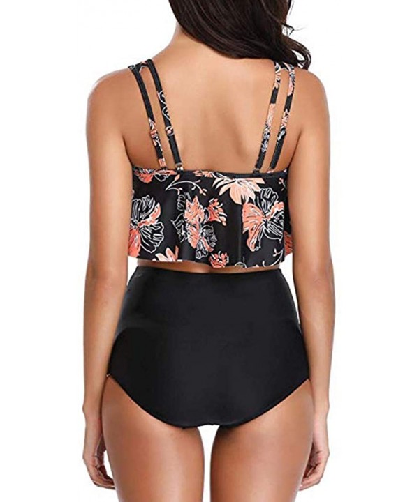 Women's Two Pieces Ruched High Waist Bikini Set - 05 Black Flower - CF18UH8ACQS $22.15-Rash Guards