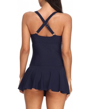 Women's One Piece Swimdress Criss Cross Back Tummy Control Ruched Bathing Suit - Navy - CW18LCX2GHD $13.58-One-Pieces