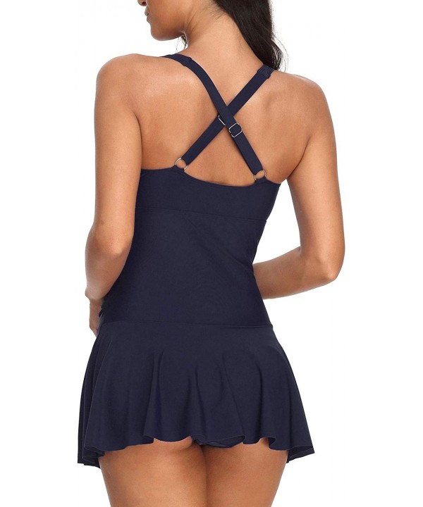 Women's One Piece Swimdress Criss Cross Back Tummy Control Ruched Bathing Suit - Navy - CW18LCX2GHD $13.58-One-Pieces