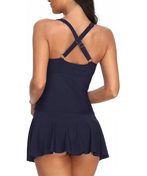 Women's One Piece Swimdress Criss Cross Back Tummy Control Ruched Bathing Suit - Navy - CW18LCX2GHD $13.58-One-Pieces