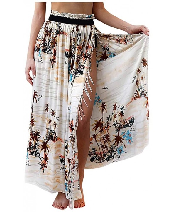 Women Boho Dress Floral Print Chiffon Maxi Skirt Vintage Flowy Long Beach Skirt Maxi Dress - White - CP199ATLOZR $22.33-Cover...