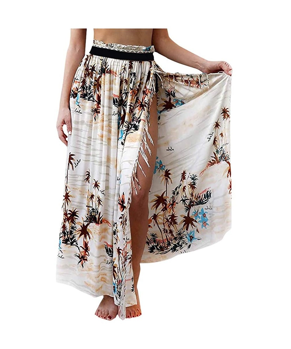 Women Boho Dress Floral Print Chiffon Maxi Skirt Vintage Flowy Long Beach Skirt Maxi Dress - White - CP199ATLOZR $22.33-Cover...