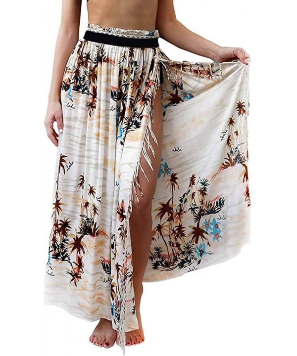 Women Boho Dress Floral Print Chiffon Maxi Skirt Vintage Flowy Long Beach Skirt Maxi Dress - White - CP199ATLOZR $22.33-Cover...