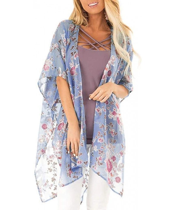 Women Beach Shawl Leaves Print Chiffon Kimono Blouse Loose Top Outwear - Floral Ruffles Cardigan Blue - C218UWAT7L4 $17.16-Co...