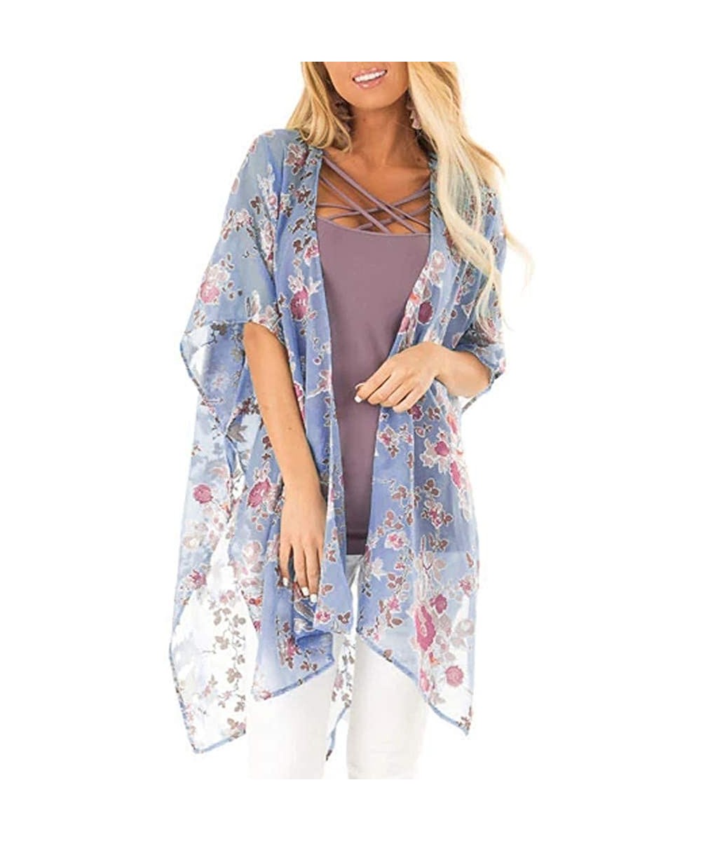 Women Beach Shawl Leaves Print Chiffon Kimono Blouse Loose Top Outwear - Floral Ruffles Cardigan Blue - C218UWAT7L4 $17.16-Co...