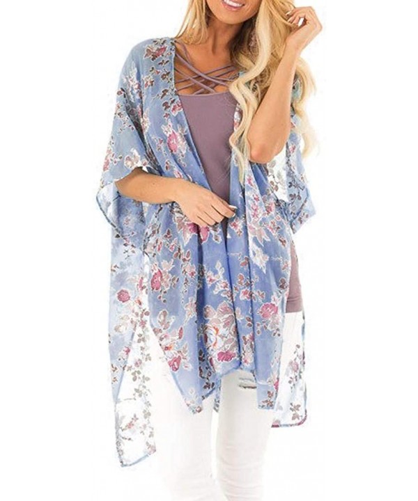 Women Beach Shawl Leaves Print Chiffon Kimono Blouse Loose Top Outwear - Floral Ruffles Cardigan Blue - C218UWAT7L4 $17.16-Co...