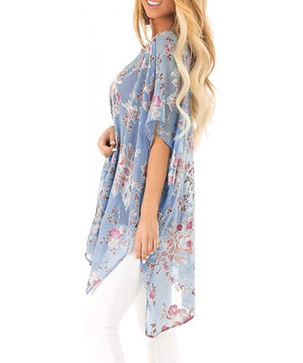 Women Beach Shawl Leaves Print Chiffon Kimono Blouse Loose Top Outwear - Floral Ruffles Cardigan Blue - C218UWAT7L4 $17.16-Co...